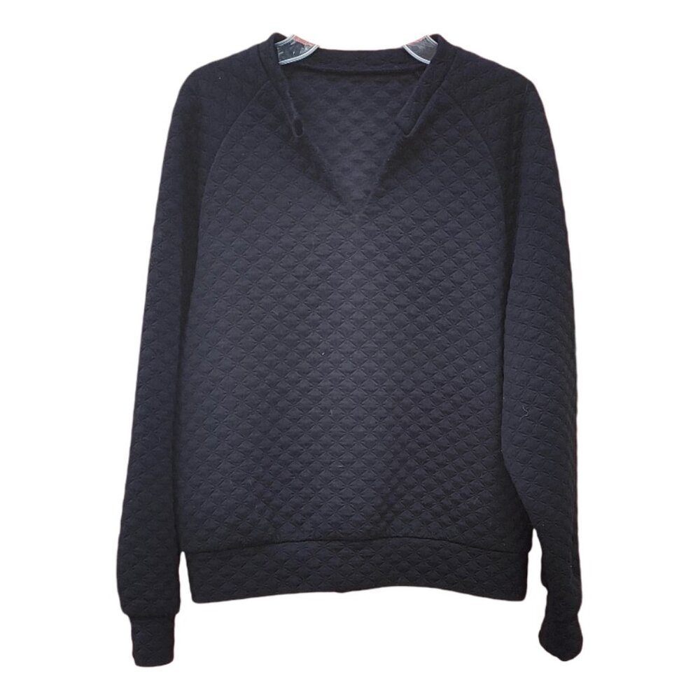 Black Pattern Quilted Sweatshirt Notched V Neck and Raglan Sleeve Size Small